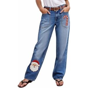 Flamingals Women's Denim Jeans Santa Candy Cane Embroidered Size L